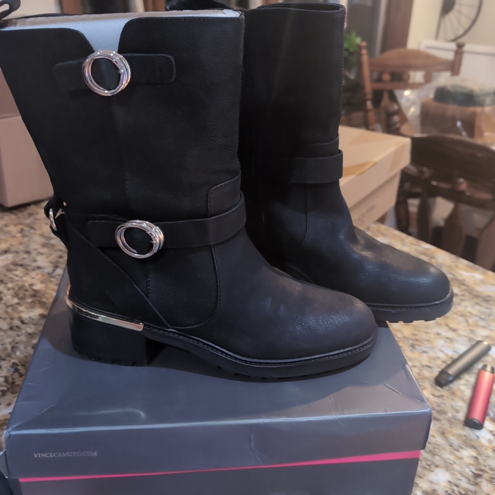 Vince Camuto Black Heeled Boots with Silver Accents